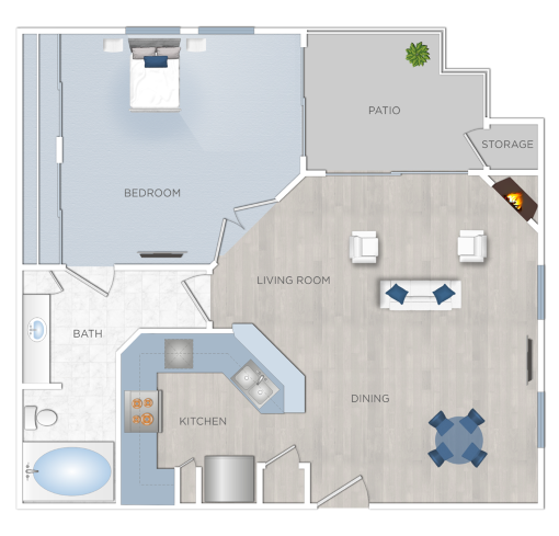 Floor plan for 1 bed, 1 bath, 679 sqft